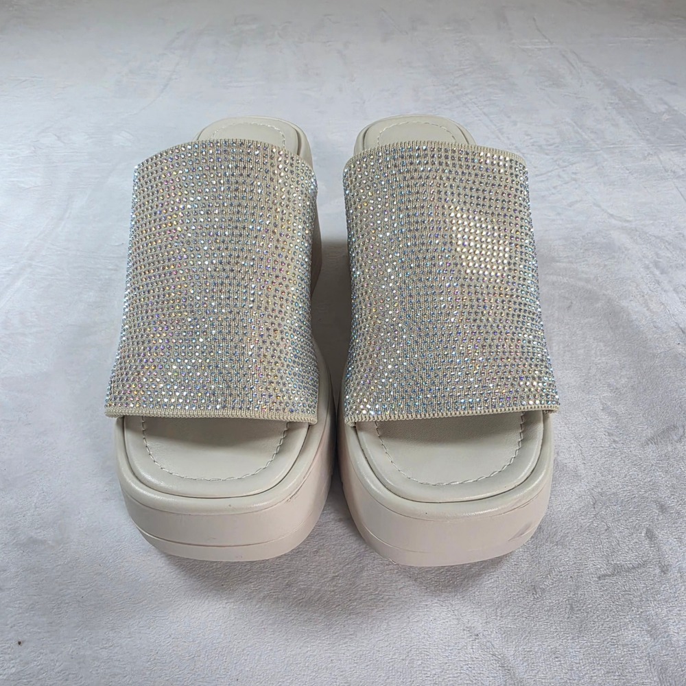 Soda Select Womens Rhinestone Embellished Platform Wedge Slide Sandals Beige 7.5 - Picture 3 of 9
